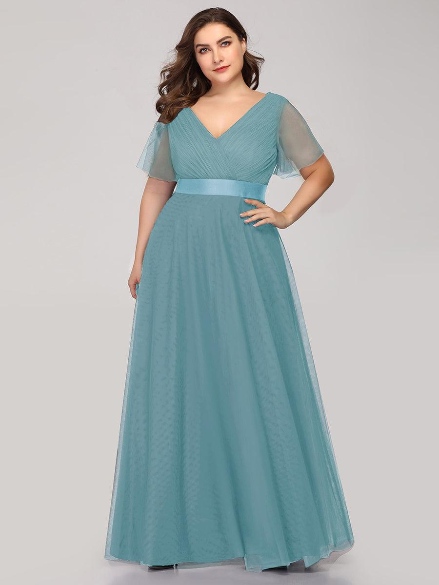 Robe mariage invitée à manches courtes et à double col V pour femmes #Couleur_Bleu Fume