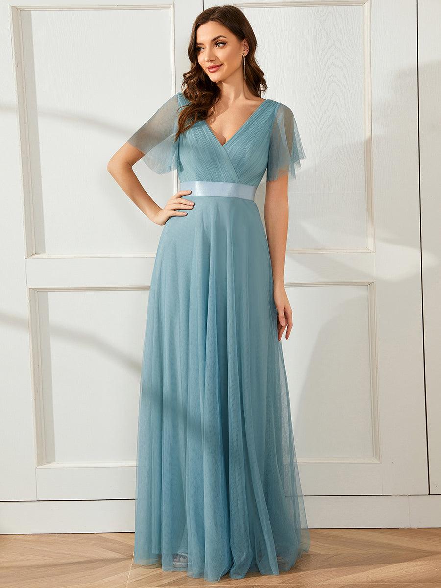 Robe mariage invitée à manches courtes et à double col V pour femmes #Couleur_Bleu Fume