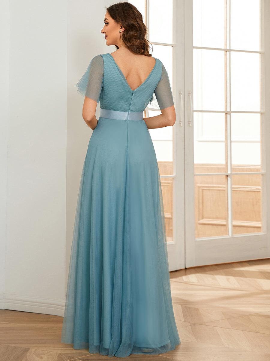 Robe mariage invitée à manches courtes et à double col V pour femmes #Couleur_Bleu Fume