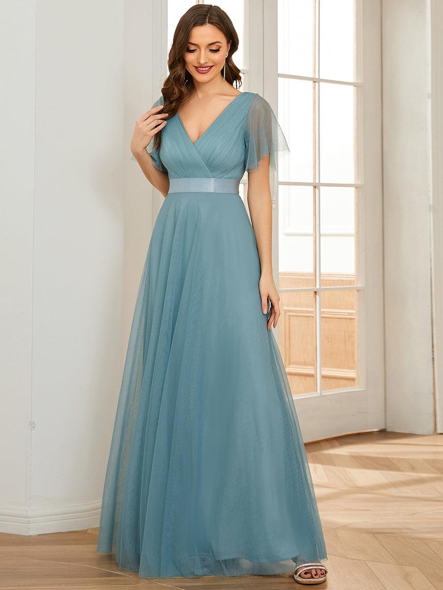 Robe mariage invitée à manches courtes et à double col V pour femmes #Couleur_Bleu Fume