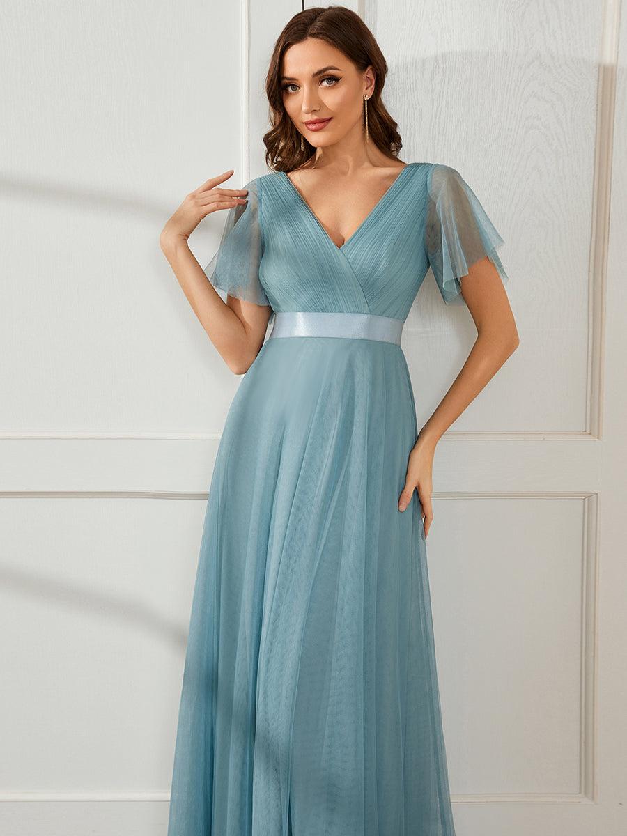 Robe mariage invitée à manches courtes et à double col V pour femmes #Couleur_Bleu Fume