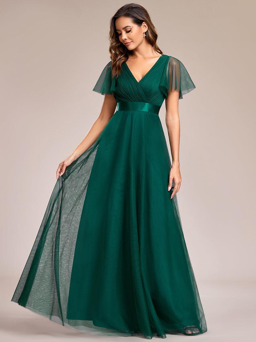 Robe de Soirée à manches courtes et à double col V pour femmes #Couleur_Vert Fonce