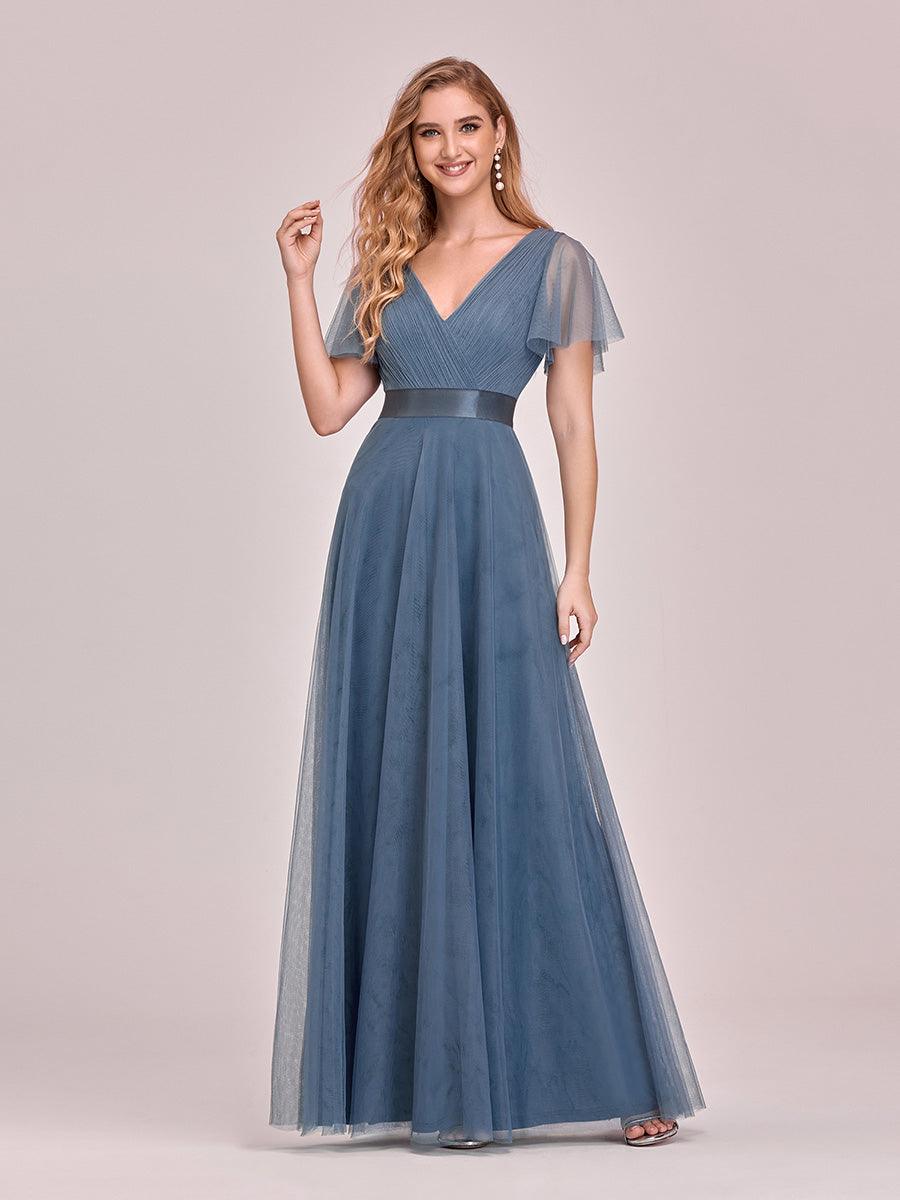 Robe Demoiselle D'Honneur Longue à Col V Et Manches Courtes Pour Femmes #Couleur_Marine Fume