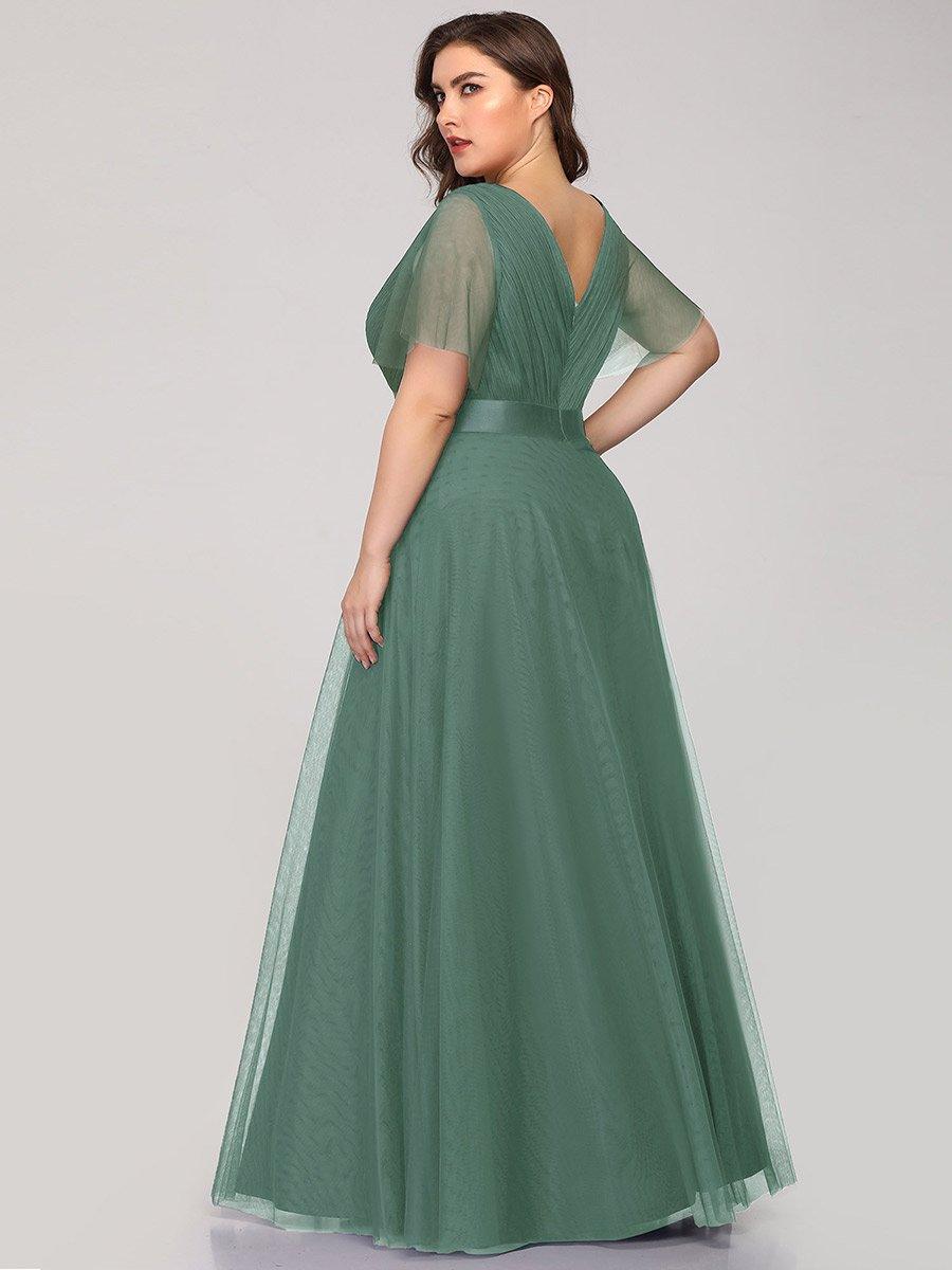 Robe mariage invitée à manches courtes et à double col V pour femmes #Couleur_Haricot Vert