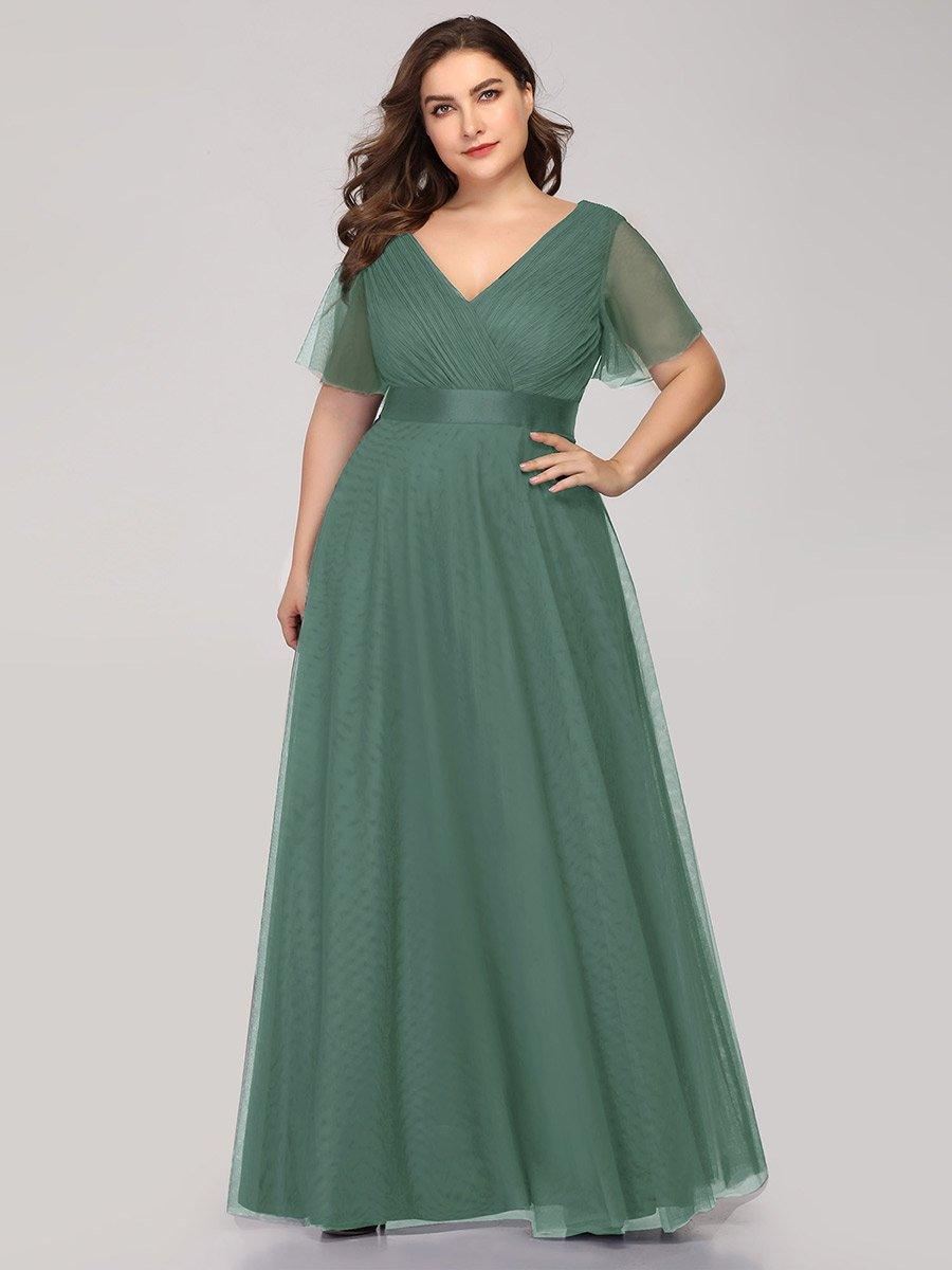 Robe mariage invitée à manches courtes et à double col V pour femmes #Couleur_Haricot Vert