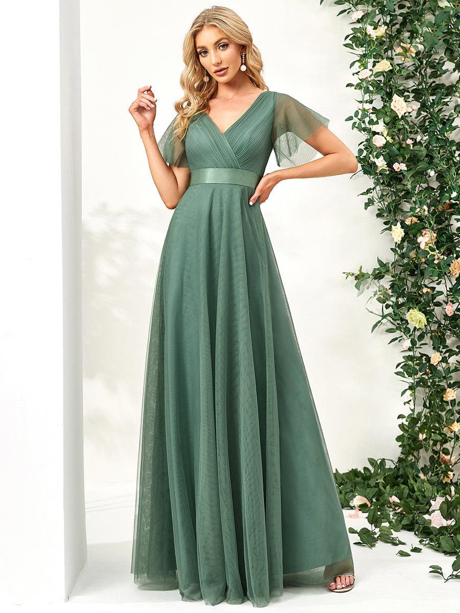 Robe mariage invitée à manches courtes et à double col V pour femmes #Couleur_Haricot Vert