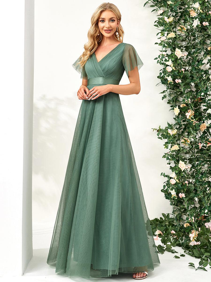 Robe mariage invitée à manches courtes et à double col V pour femmes #Couleur_Haricot Vert