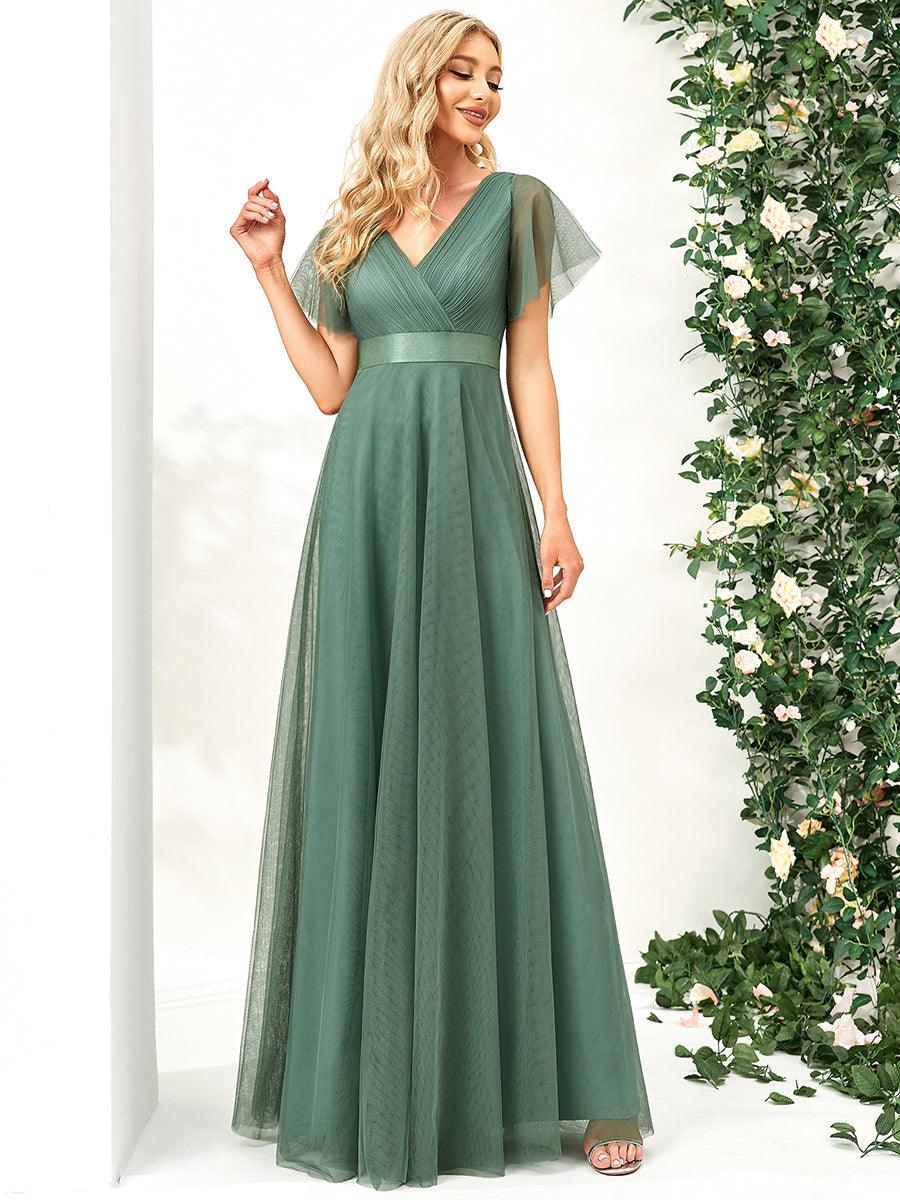 Robe mariage invitée à manches courtes et à double col V pour femmes #Couleur_Haricot Vert
