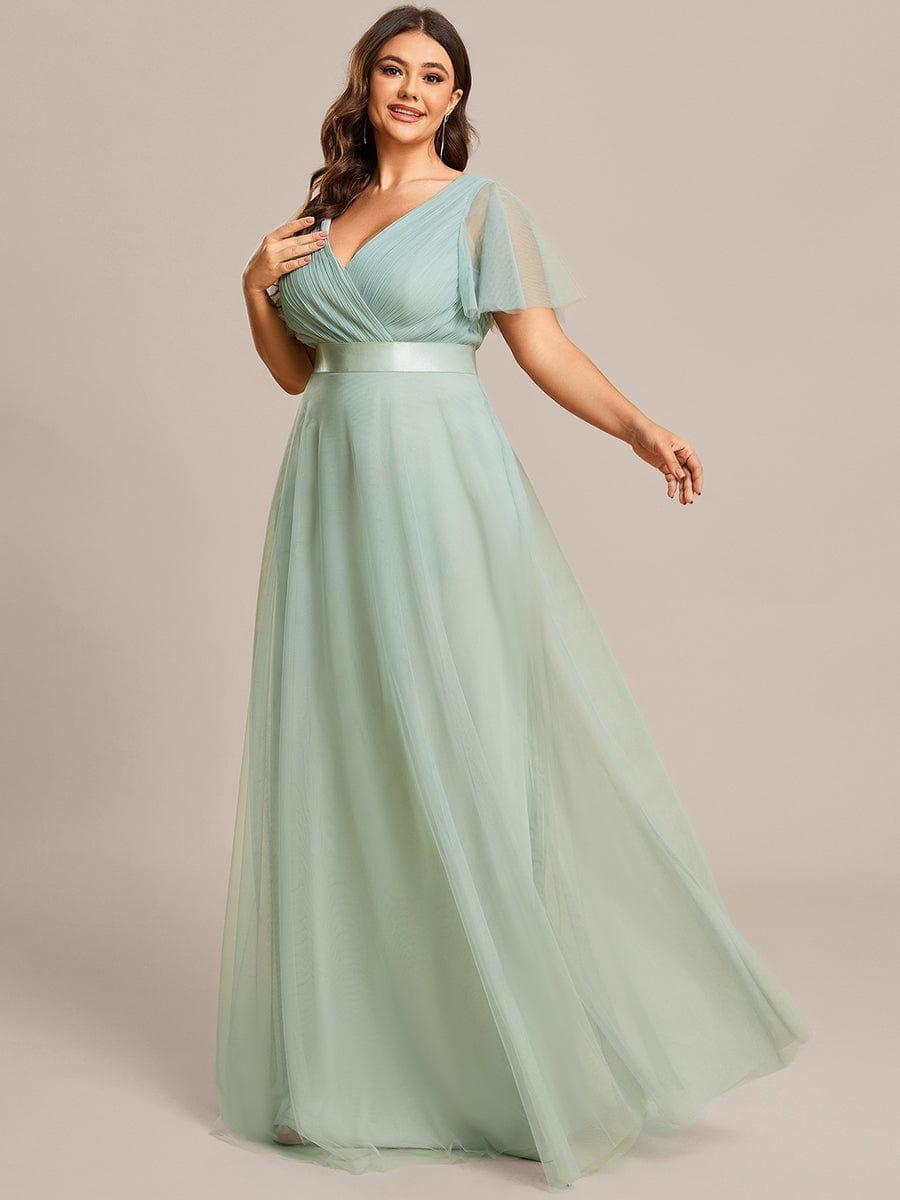 Robe mariage invitée à manches courtes et à double col V pour femmes #Couleur_Menthe Verte