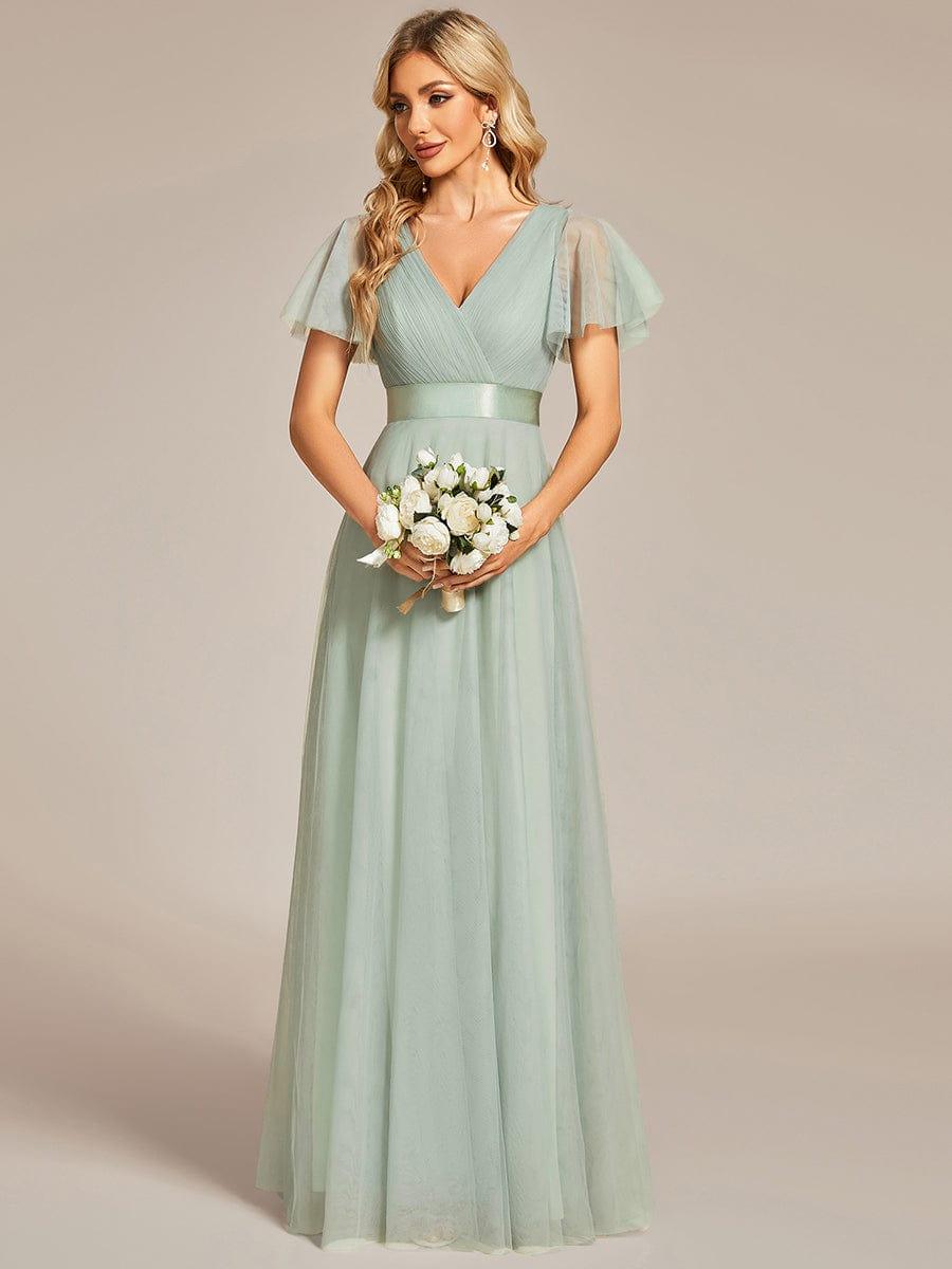 Robe mariage invitée à manches courtes et à double col V pour femmes #Couleur_Menthe Verte