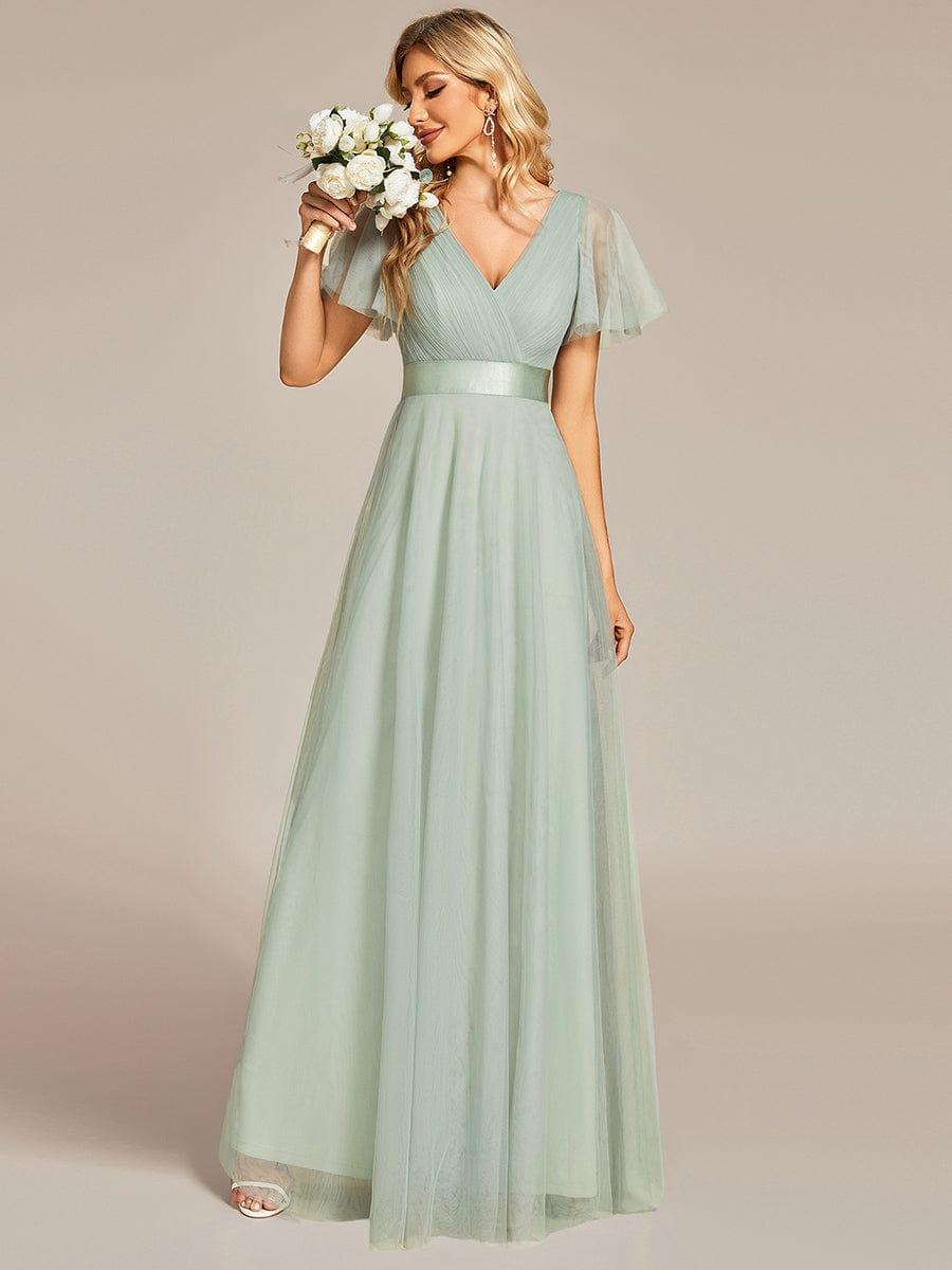 Robe mariage invitée à manches courtes et à double col V pour femmes #Couleur_Menthe Verte