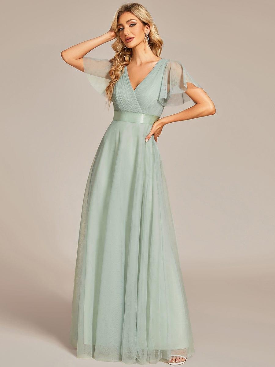 Robe mariage invitée à manches courtes et à double col V pour femmes #Couleur_Menthe Verte