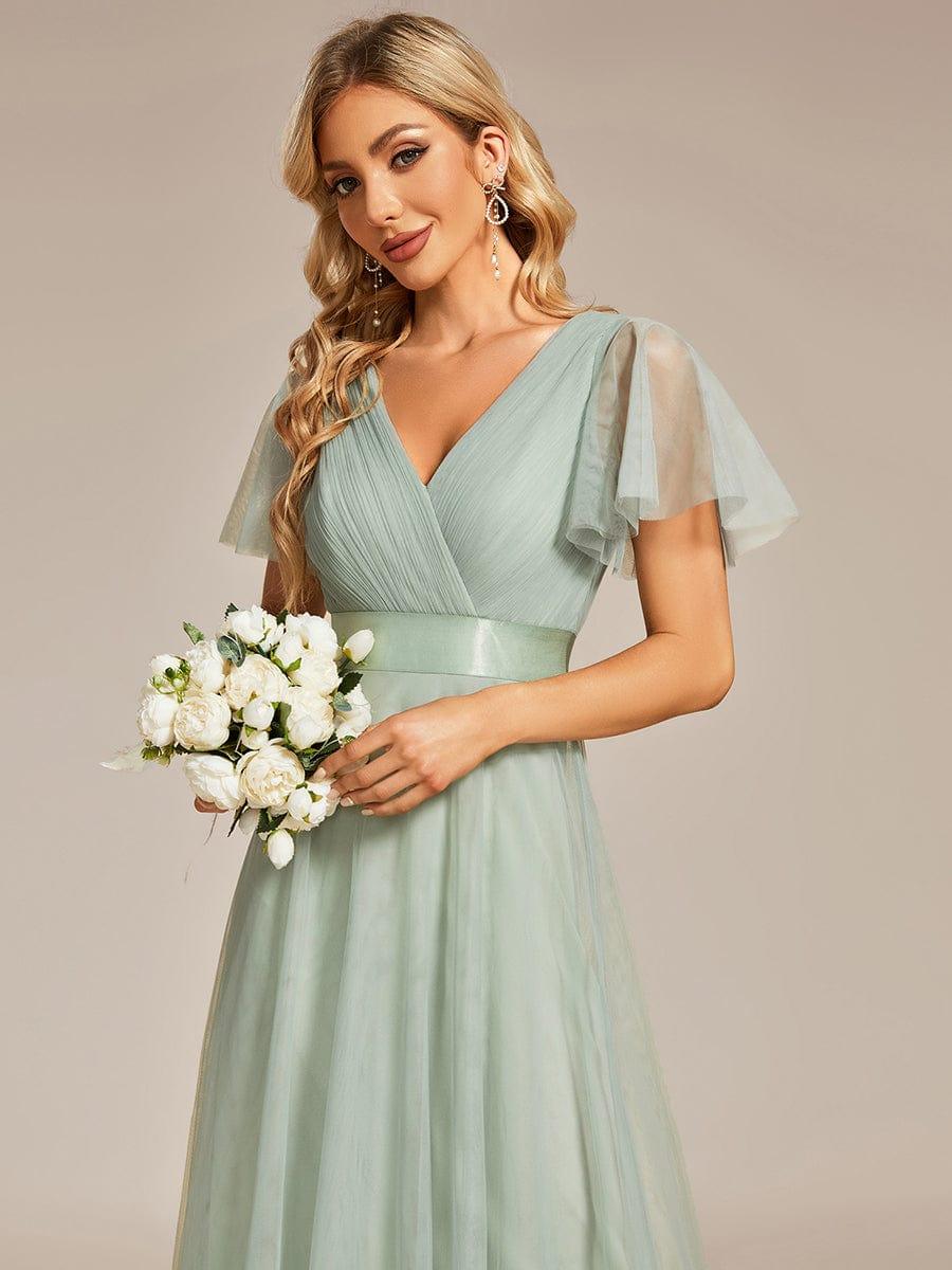 Robe mariage invitée à manches courtes et à double col V pour femmes #Couleur_Menthe Verte