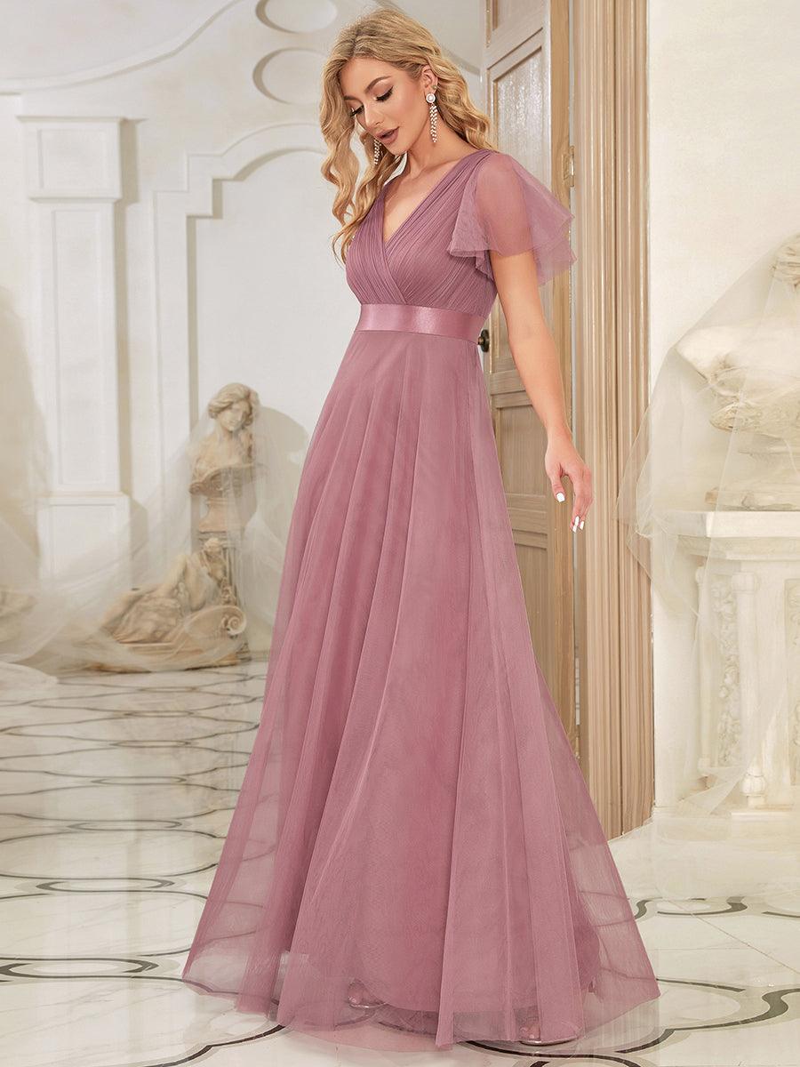 Robe mariage invitée à manches courtes et à double col V pour femmes #Couleur_Orchidee