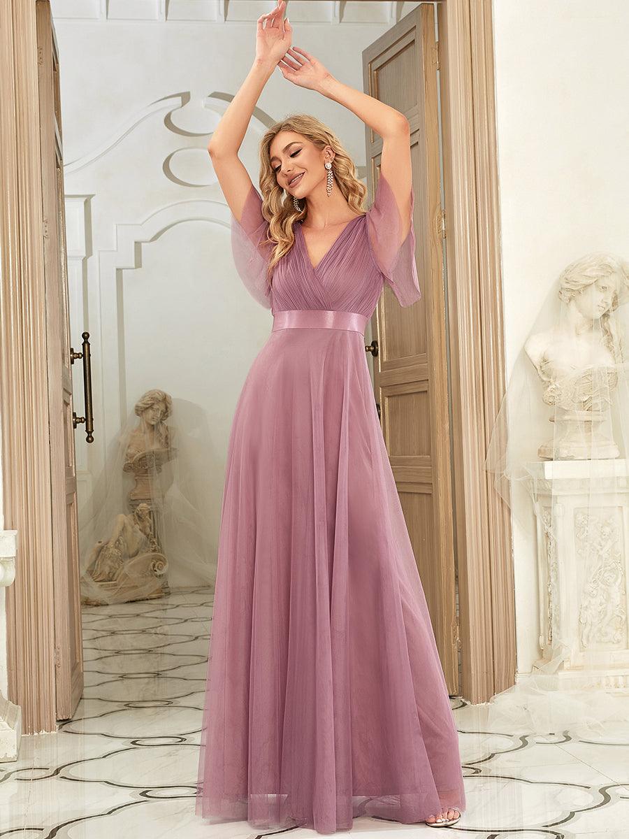 Robe mariage invitée à manches courtes et à double col V pour femmes #Couleur_Orchidee