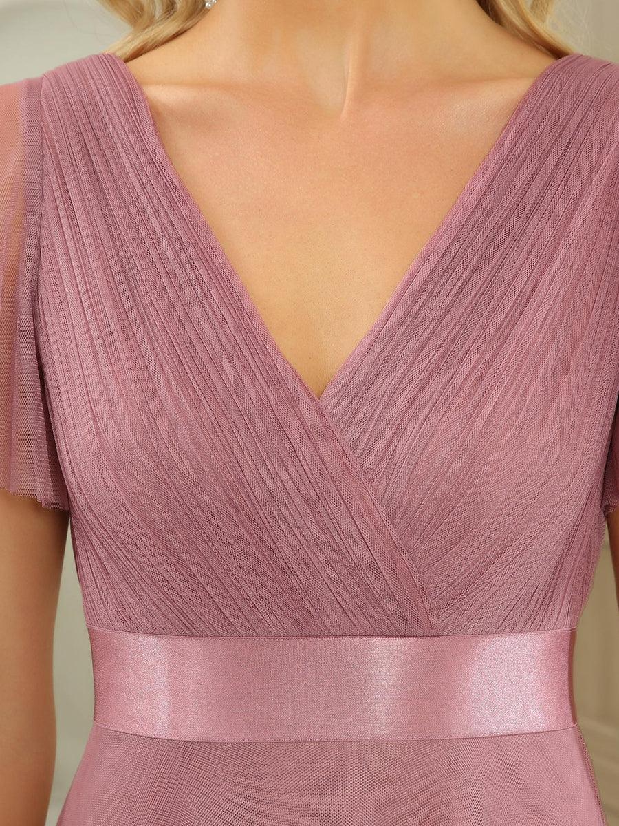 Robe mariage invitée à manches courtes et à double col V pour femmes #Couleur_Orchidee