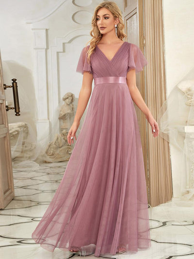 ever MISTE|Robe mariage invitée à manches courtes et à double col V pour femmes