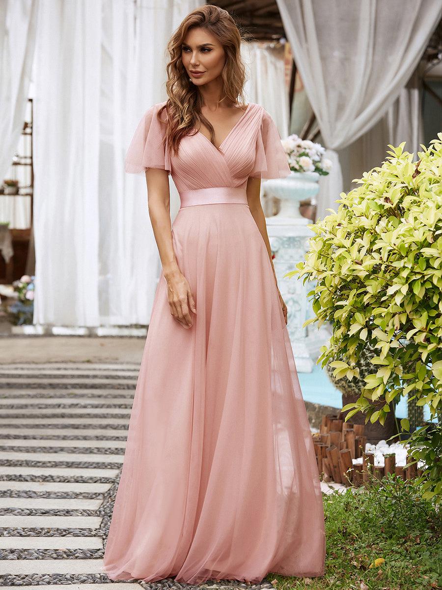 Robe mariage invitée à manches courtes et à double col V pour femmes #Couleur_Rose