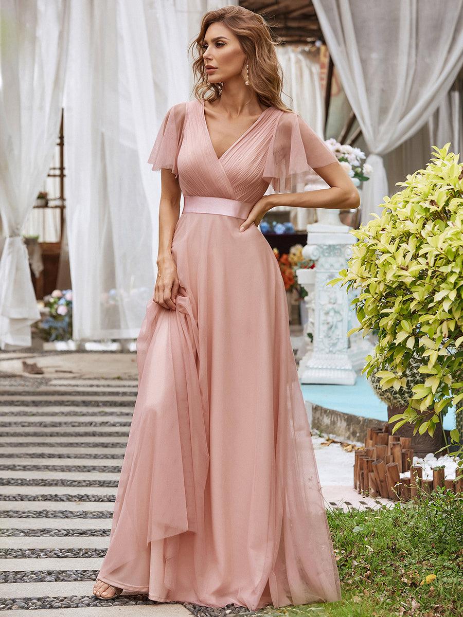 Robe mariage invitée à manches courtes et à double col V pour femmes #Couleur_Rose