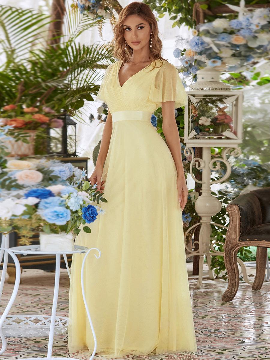 Robe Demoiselle D'Honneur Longue à Col V Et Manches Courtes Pour Femmes #Couleur_Jaune