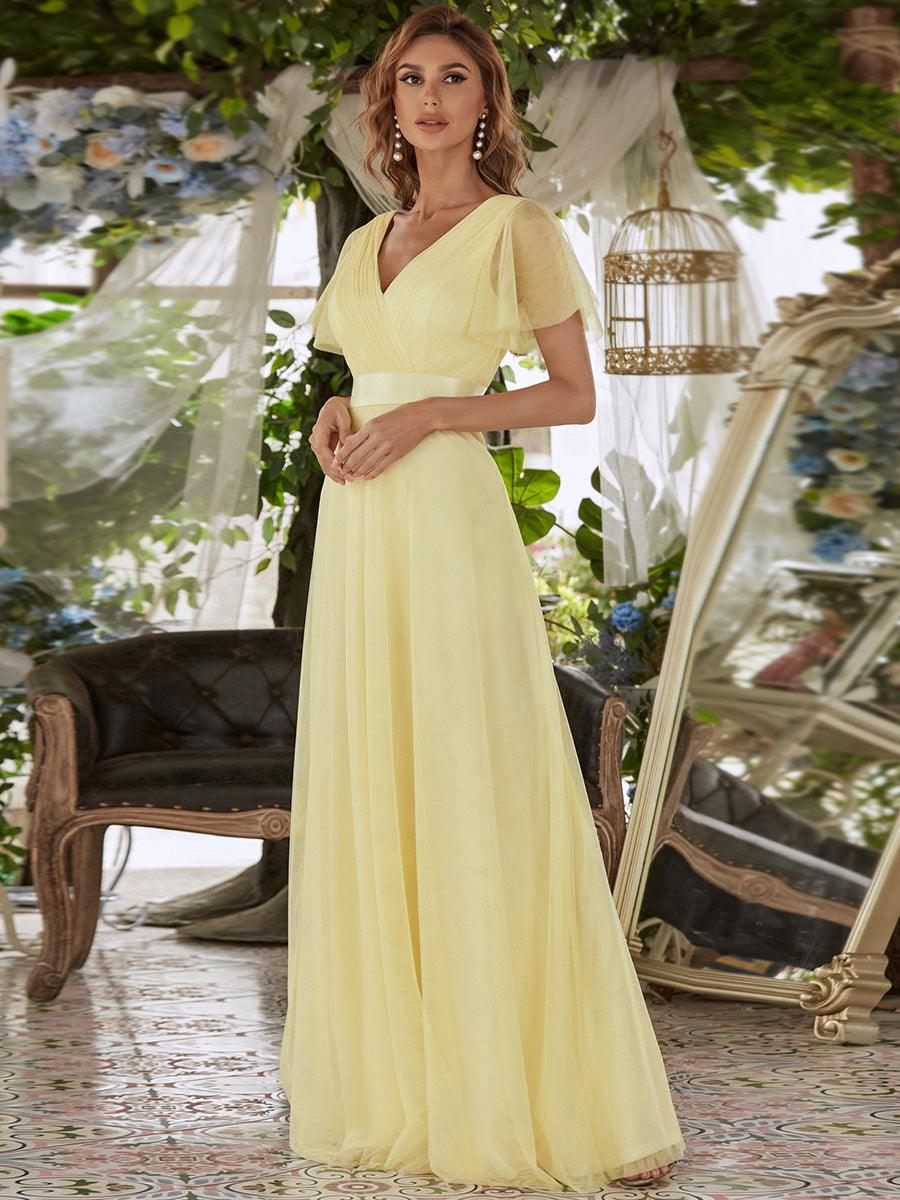 Robe Demoiselle D'Honneur Longue à Col V Et Manches Courtes Pour Femmes #Couleur_Jaune