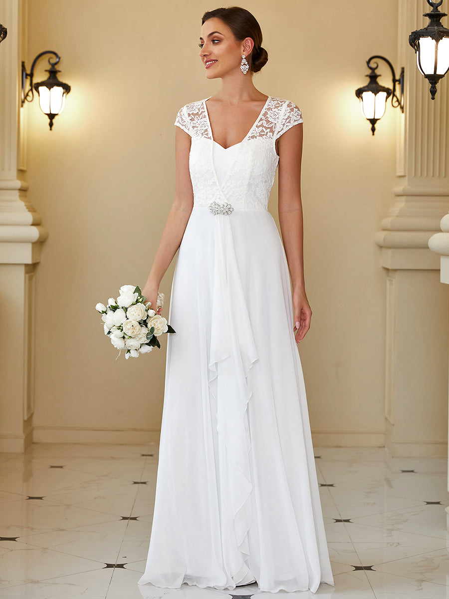 Robe d'Invité de Mariage en Dentelle Florale avec Mancherons #Couleur_Creme