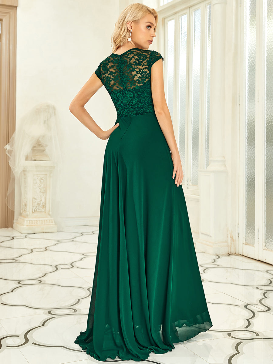 Robe d'Invité de Mariage en Dentelle Florale avec Mancherons #Couleur_Vert Fonce