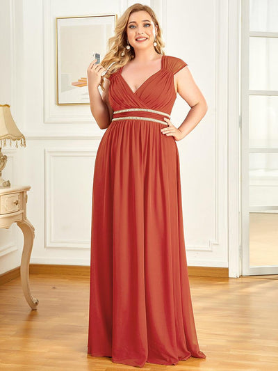 Robe de Soirée A-ligne en Mousseline de Soie avec Ceinture Perlée et Col en V de Grande Taille(Vente finale)