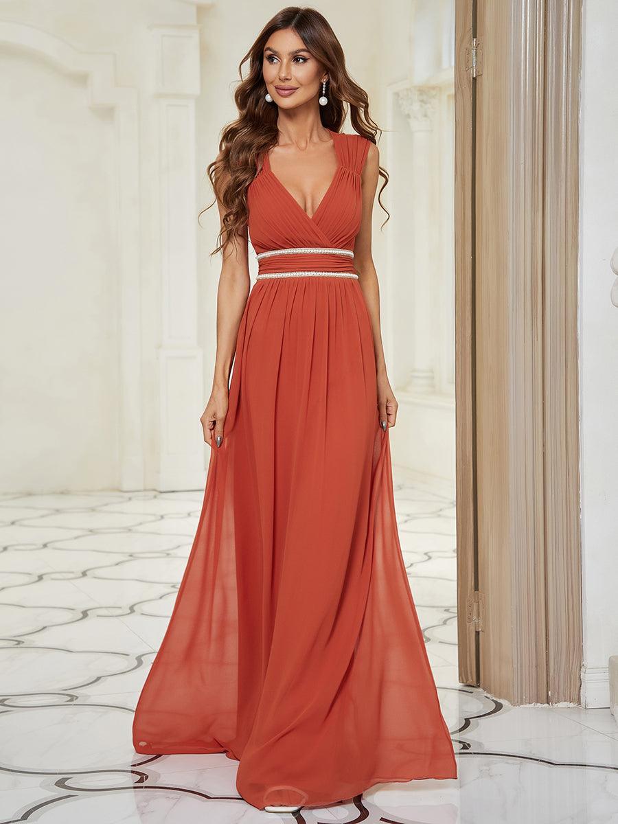 Robe longue de demoiselle d'honneur froncée à col en V #Couleur_Burnt Orange