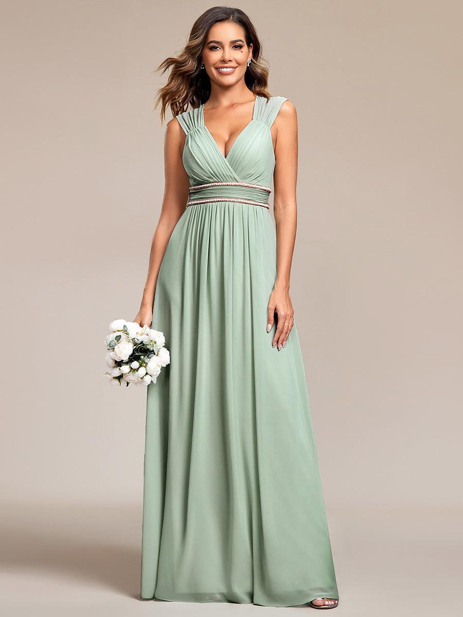 Robe longue de demoiselle d'honneur froncée à col en V #Couleur_Menthe Verte