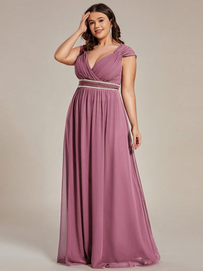 Robe de Soirée A-ligne en Mousseline de Soie avec Ceinture Perlée et Col en V de Grande Taille(Vente finale)