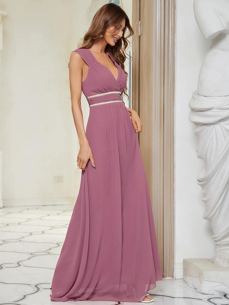 Robe longue de demoiselle d'honneur froncée à col en V #Couleur_Orchidee