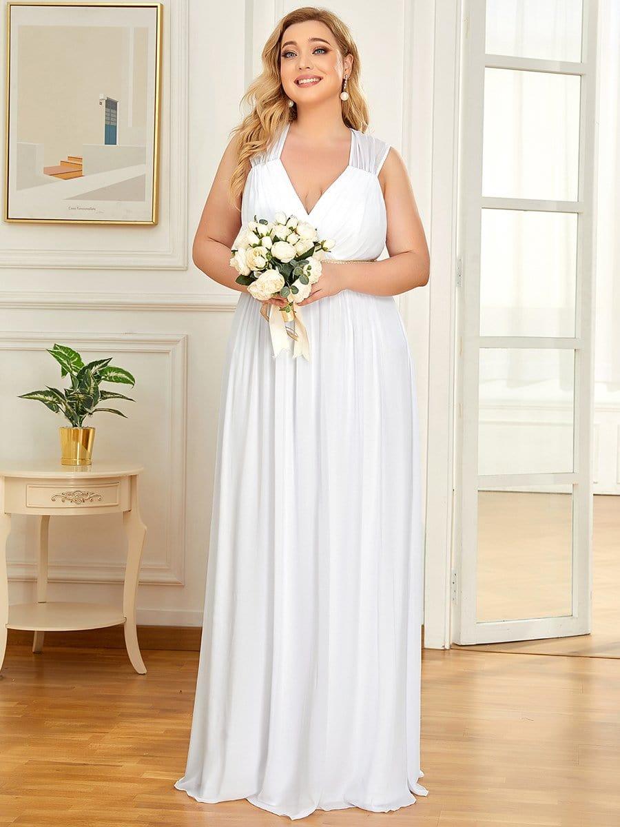Robe de Soirée A-ligne en Mousseline de Soie avec Ceinture Perlée et Col en V de Grande Taille #Couleur_Blanc
