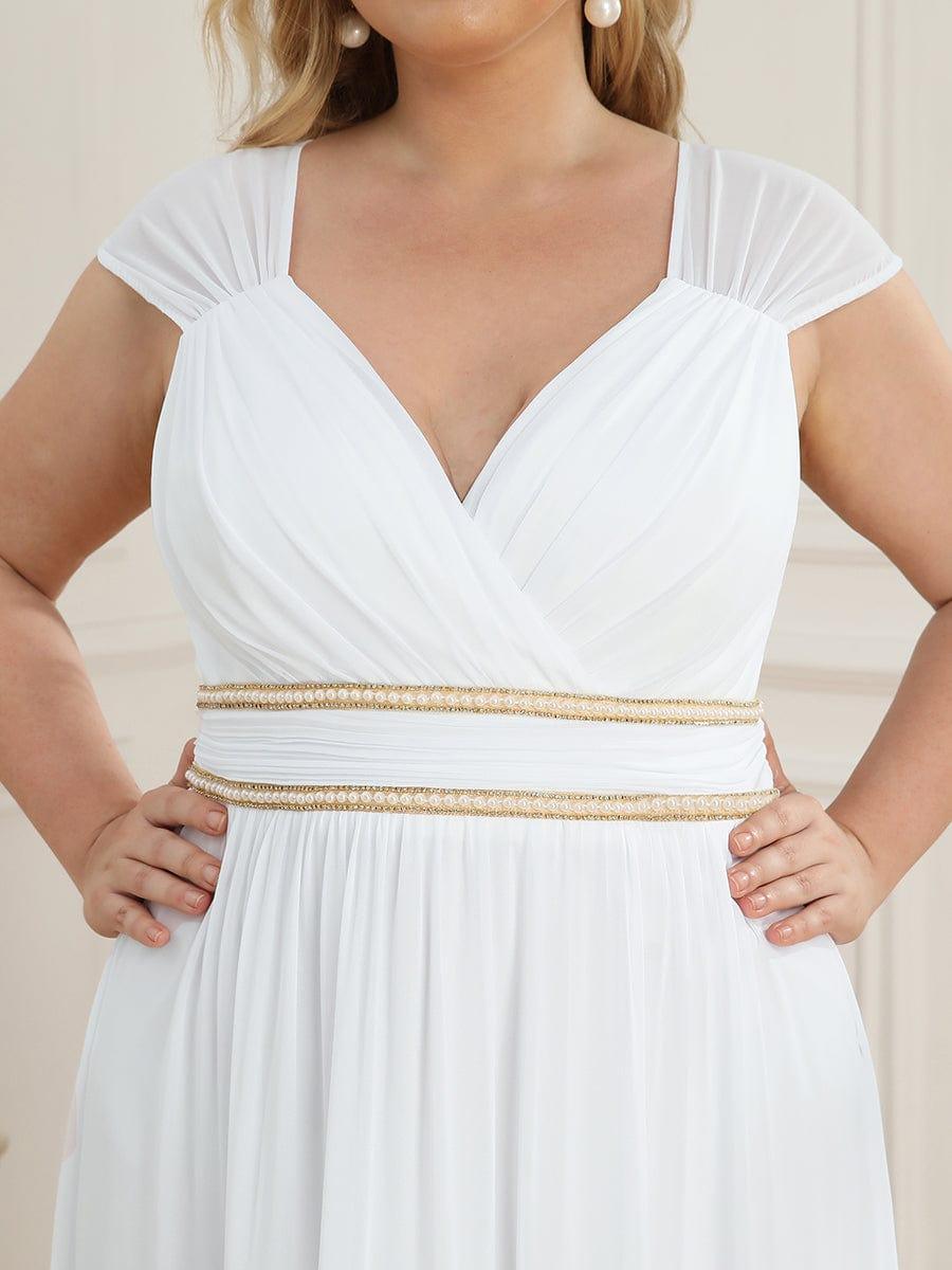 Robe longue de demoiselle d'honneur froncée à col en V #Couleur_Blanc