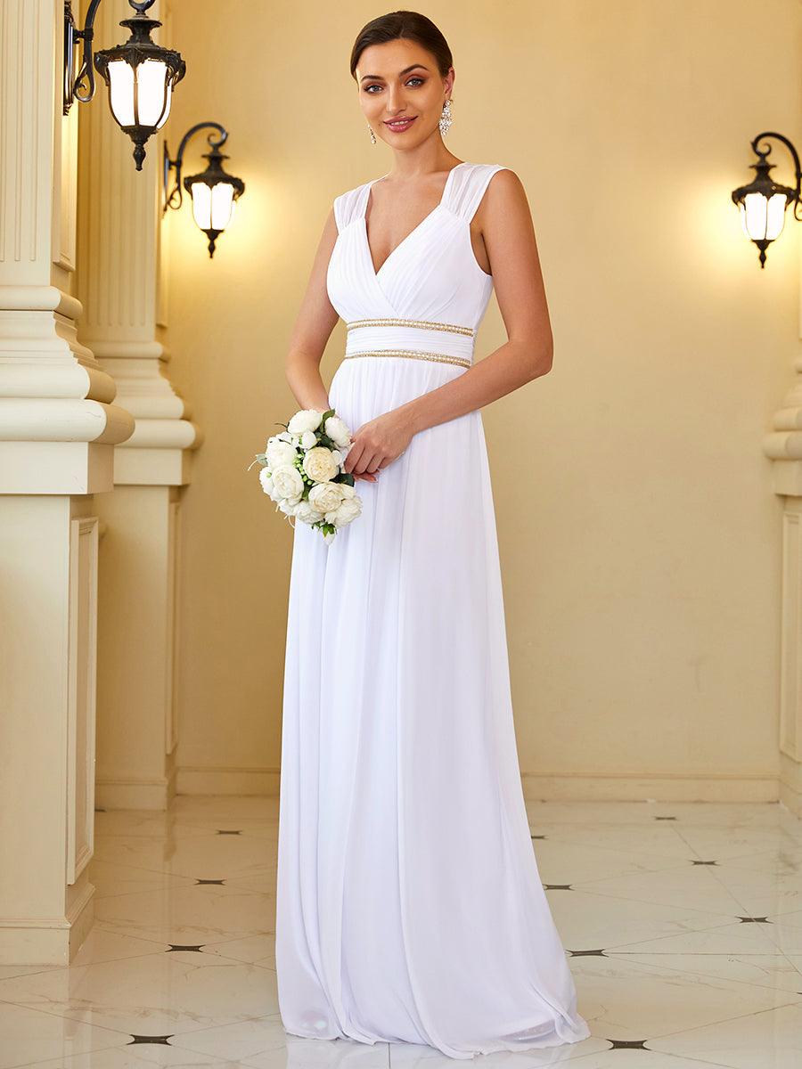 Robe longue de demoiselle d'honneur froncée à col en V #Couleur_Blanc