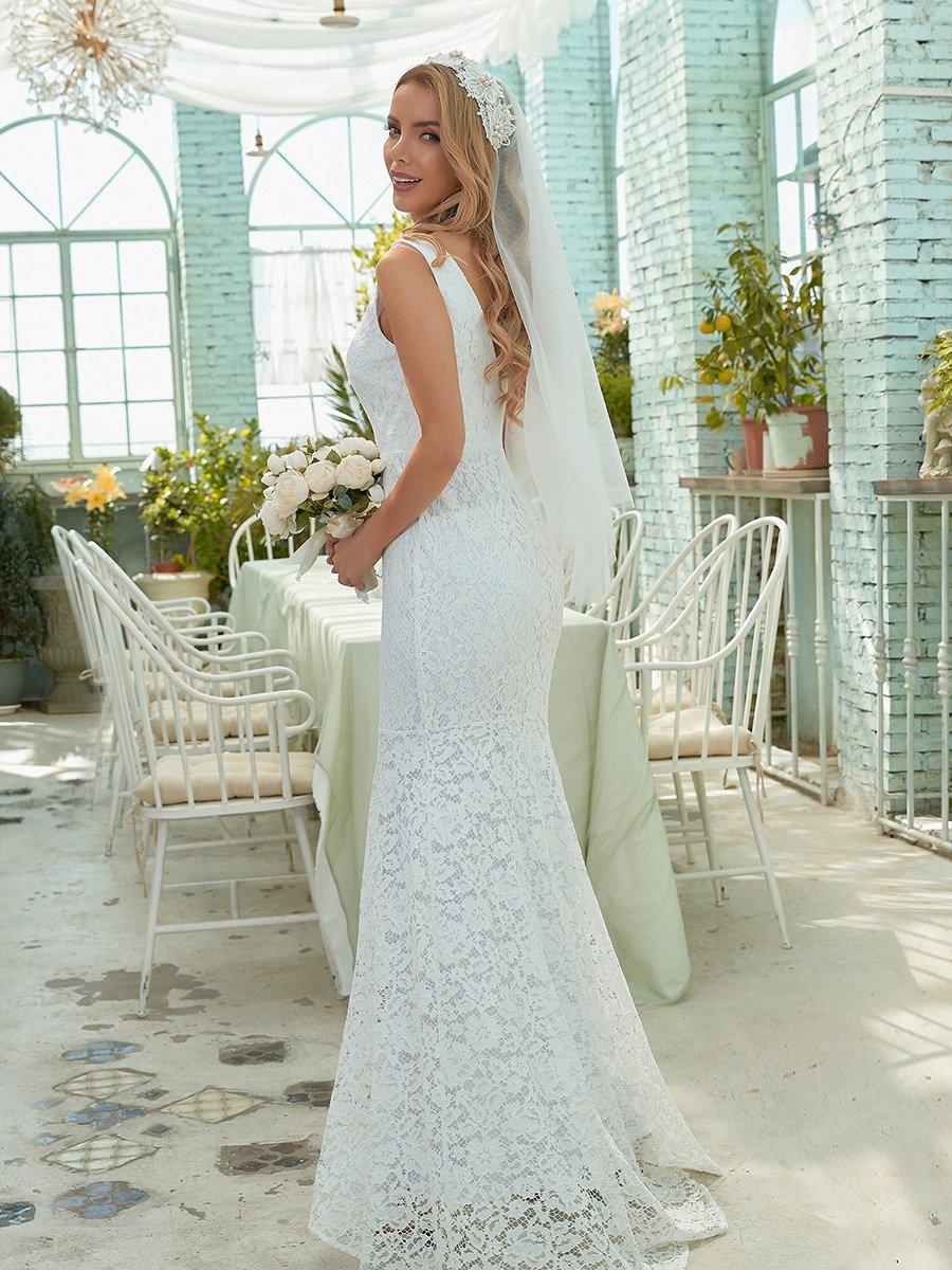 Petite robe de mariée en dentelle à queue de poisson sans manches avec un décolleté en V profond #Couleur_Blanc