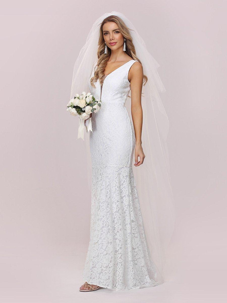 Petite robe de mariée en dentelle à queue de poisson sans manches avec un décolleté en V profond #Couleur_Blanc