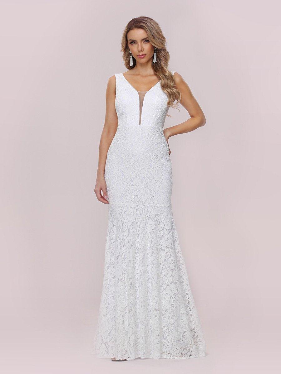 Petite robe de mariée en dentelle à queue de poisson sans manches avec un décolleté en V profond #Couleur_Blanc