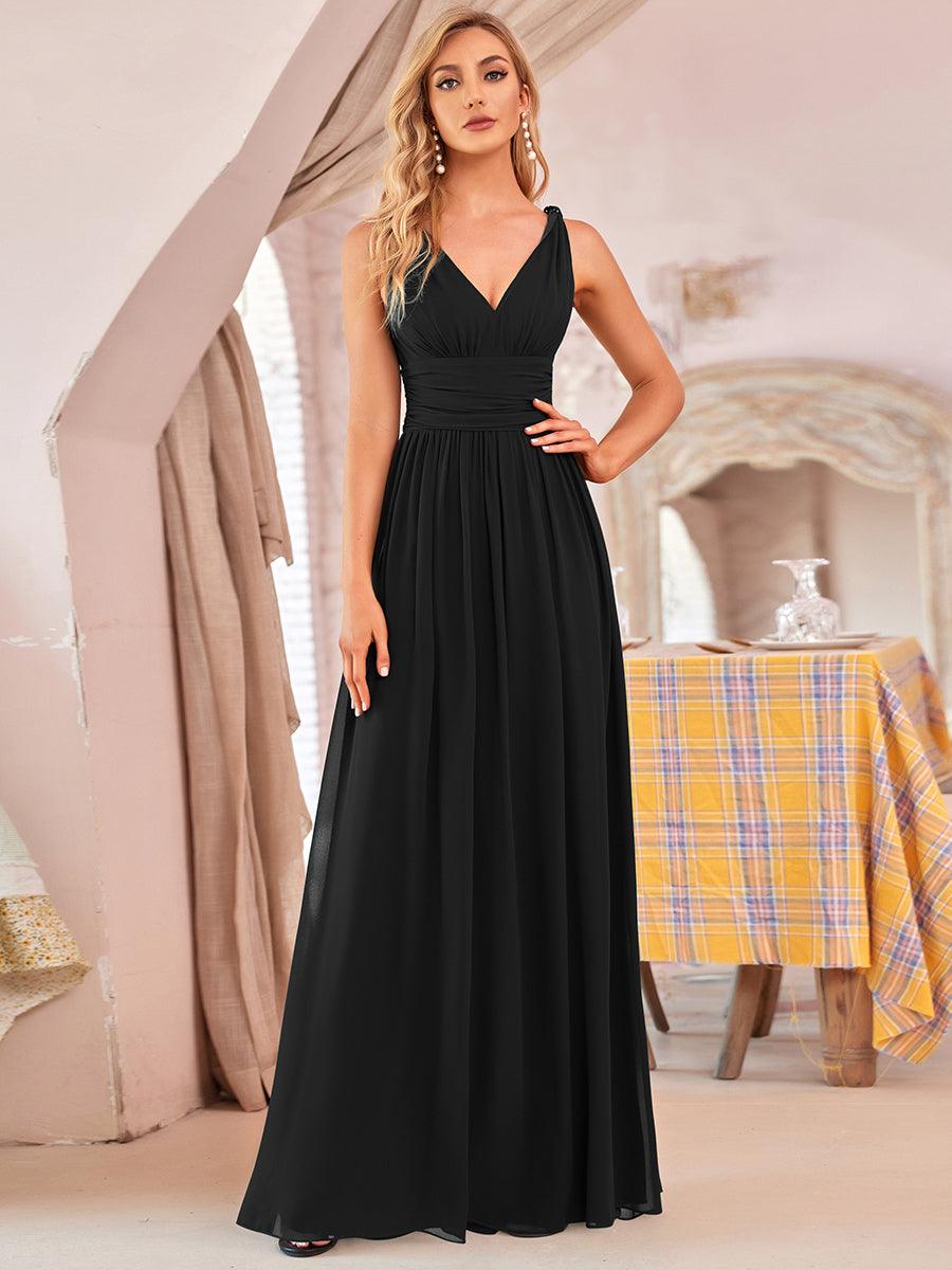 Col V sans manches plissé chiffon robe de soirée #Couleur_Noir