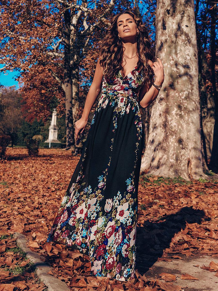 Robe de demoiselle d'honneur en mousseline sans manches #Couleur_Noir Imprime
