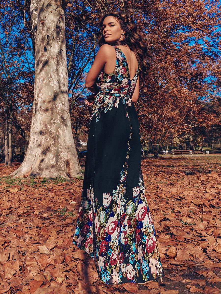 Robe de demoiselle d'honneur en mousseline sans manches #Couleur_Noir Imprime