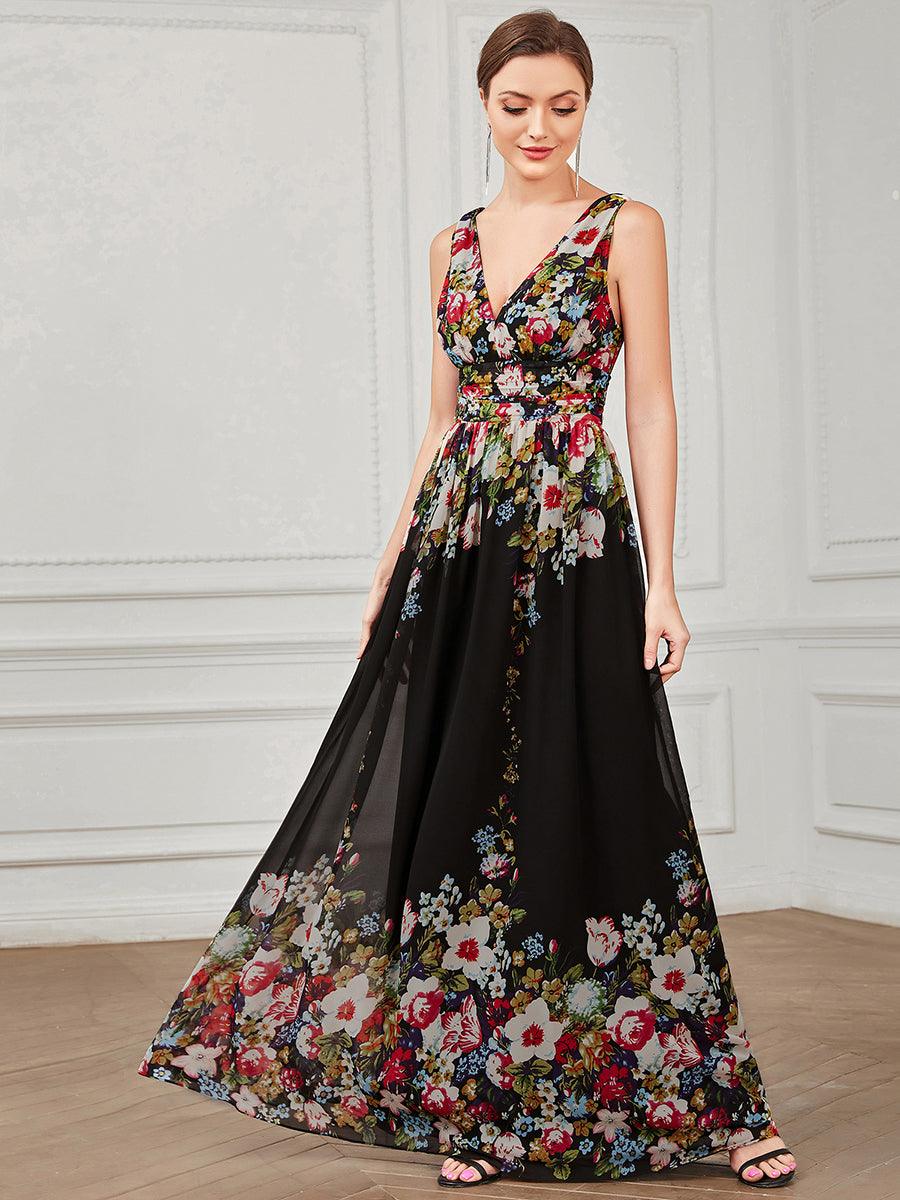 Robe de demoiselle d'honneur en mousseline sans manches #Couleur_Noir Imprime