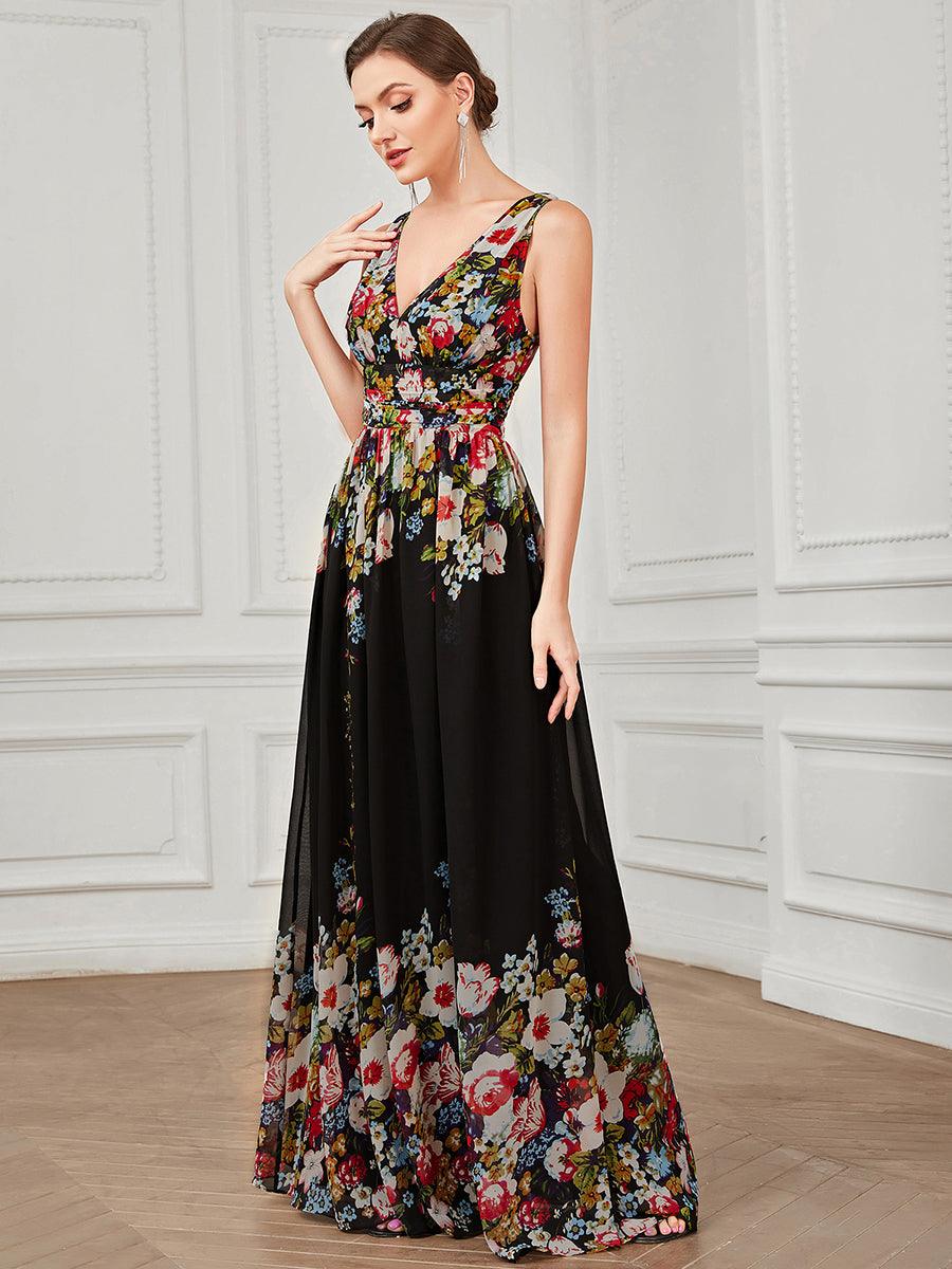 Robe de demoiselle d'honneur en mousseline sans manches #Couleur_Noir Imprime