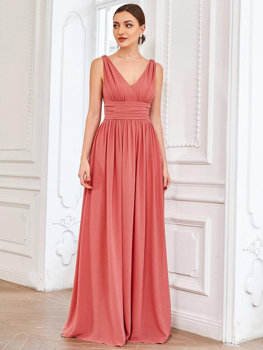 Taille personnalisée Robe de soirée sans manches plissé chiffon #Couleur_Corail