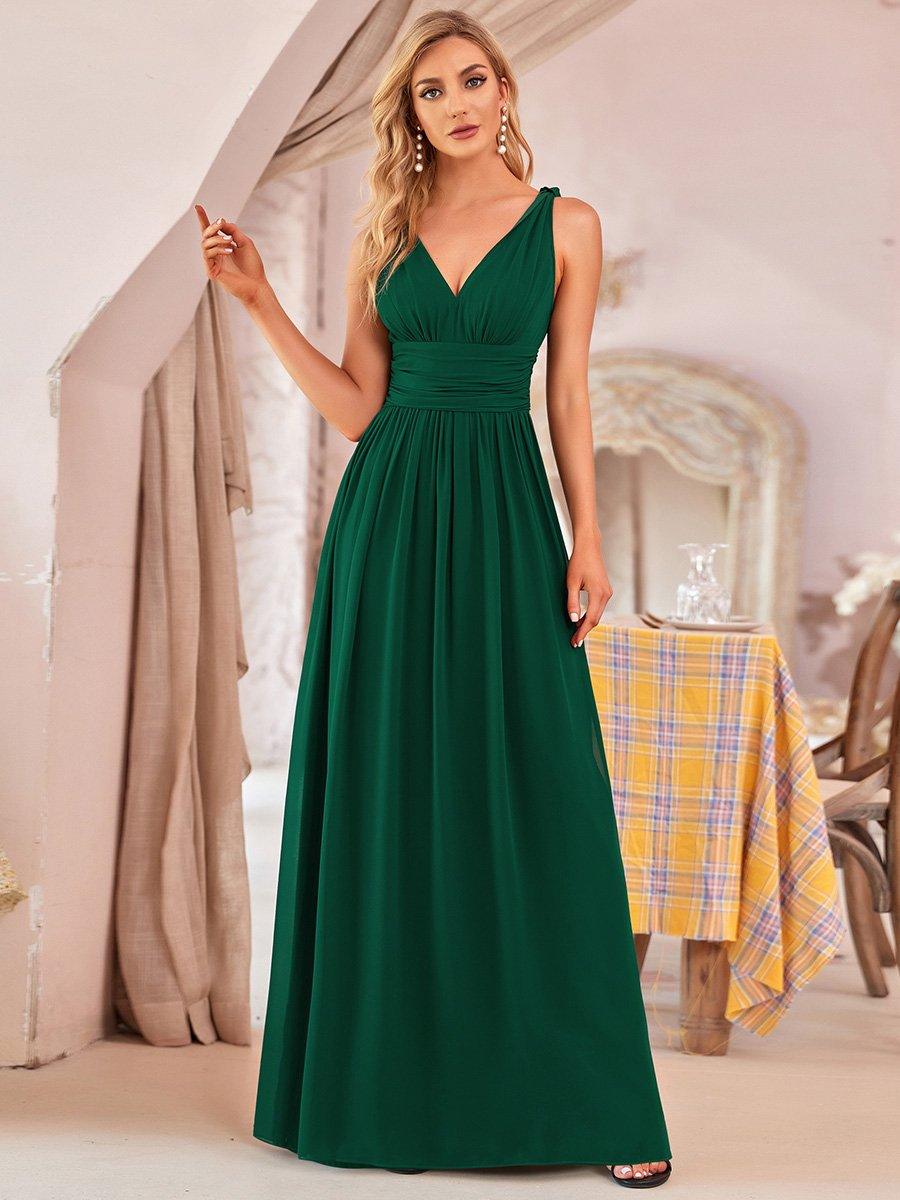 Col V sans manches plissé chiffon robe de soirée #Couleur_Vert Fonce