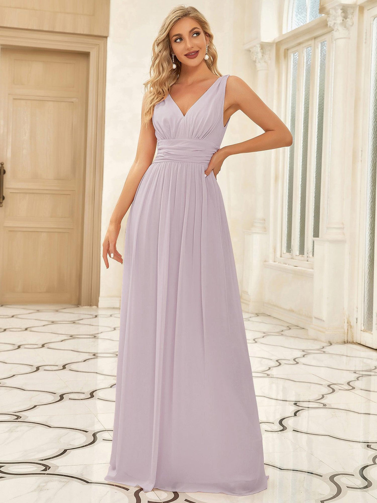 Taille personnalisée Robe de soirée sans manches plissé chiffon #Couleur_Lilas