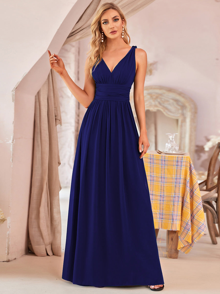 Col V sans manches plissé chiffon robe de soirée #Couleur_Bleu Royal