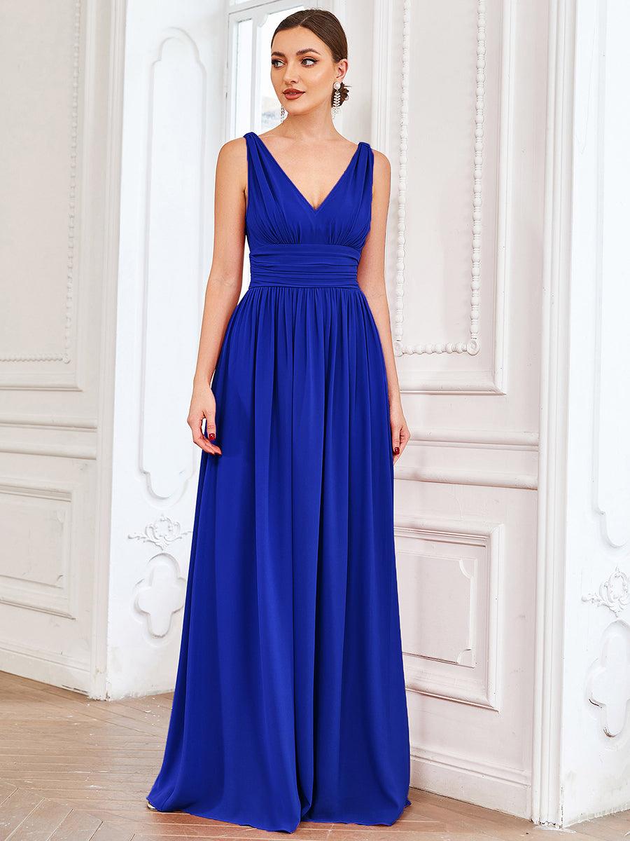 Taille personnalisée Robe de soirée sans manches plissé chiffon #Couleur_Bleu Saphir