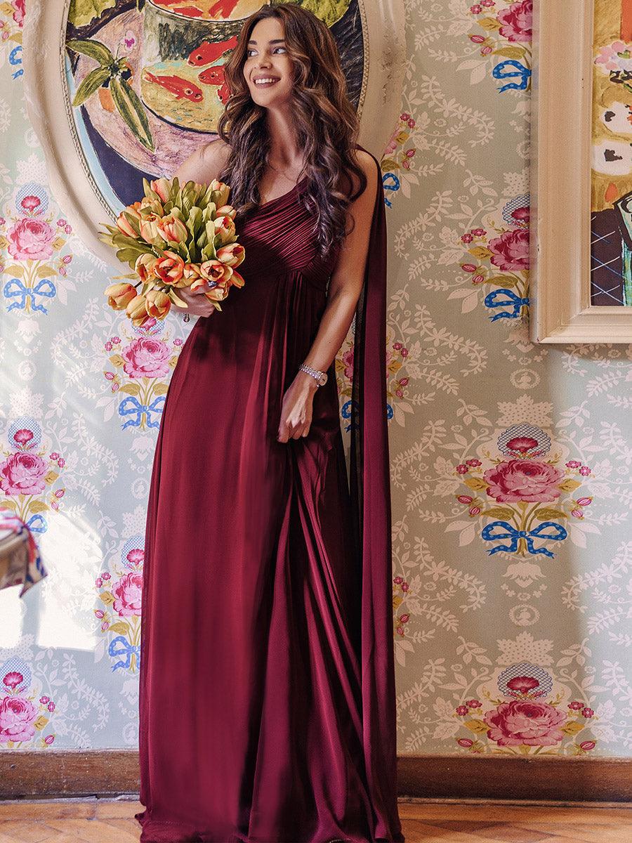 Taille personnalisée Robes de Soirée élégante Chiffon avec Une épaule pour Femmes #Couleur_Bordeaux