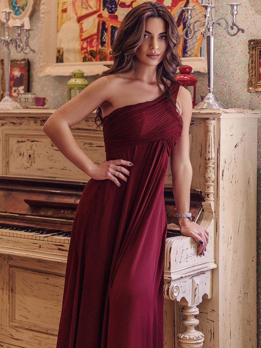 Robes de Demoiselle d'Honneur longue élégante Chiffon Seule-épaule #Couleur_Bordeaux